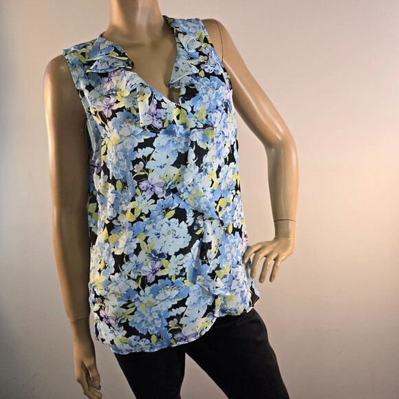 Vince Camuto Ruffle V-Neck Sleeveless Blouse Sea Breeze Size Medium - Picture 4 of 8
